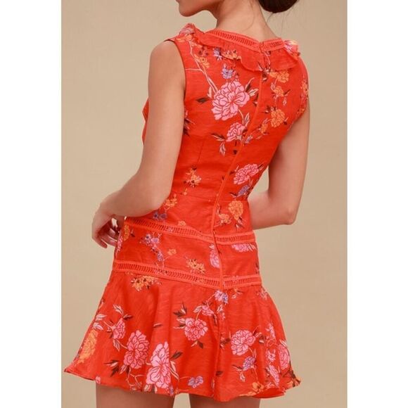 Finders Keepers Flicker Coral Red Floral Print Mini Dress Sz. M - Picture 3 of 8